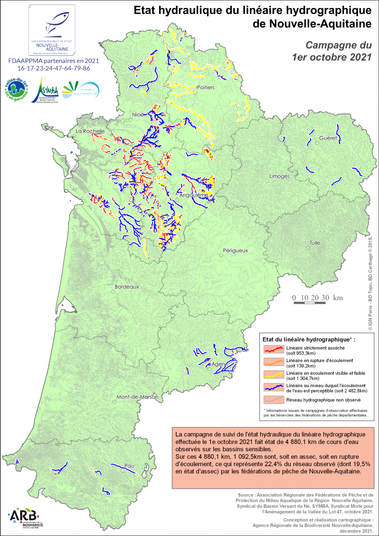 Etat hydraulique du linéaire hydrographique de la région Nouvelle-Aquitaine - Campagne du 1er octobre 2021