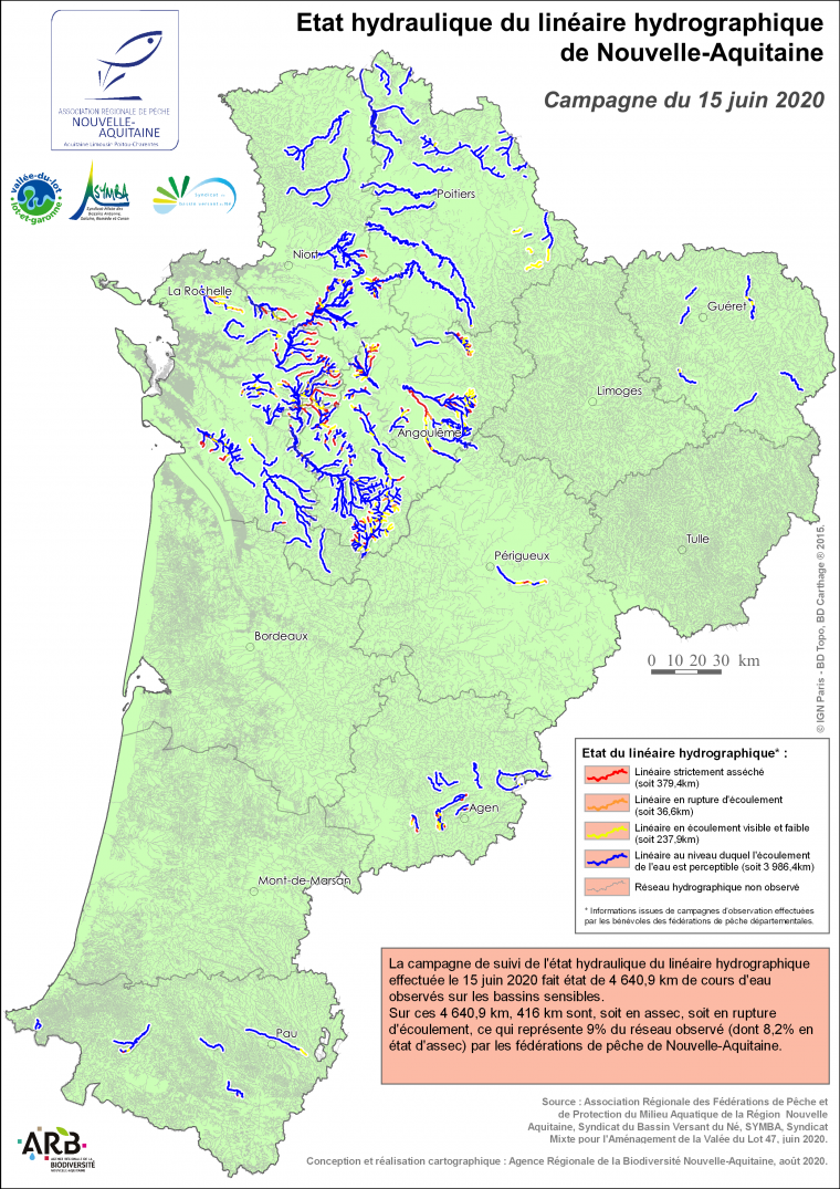 Etat hydraulique du linéaire hydrographique de la région Nouvelle-Aquitaine - Campagne du 15 juin 2020