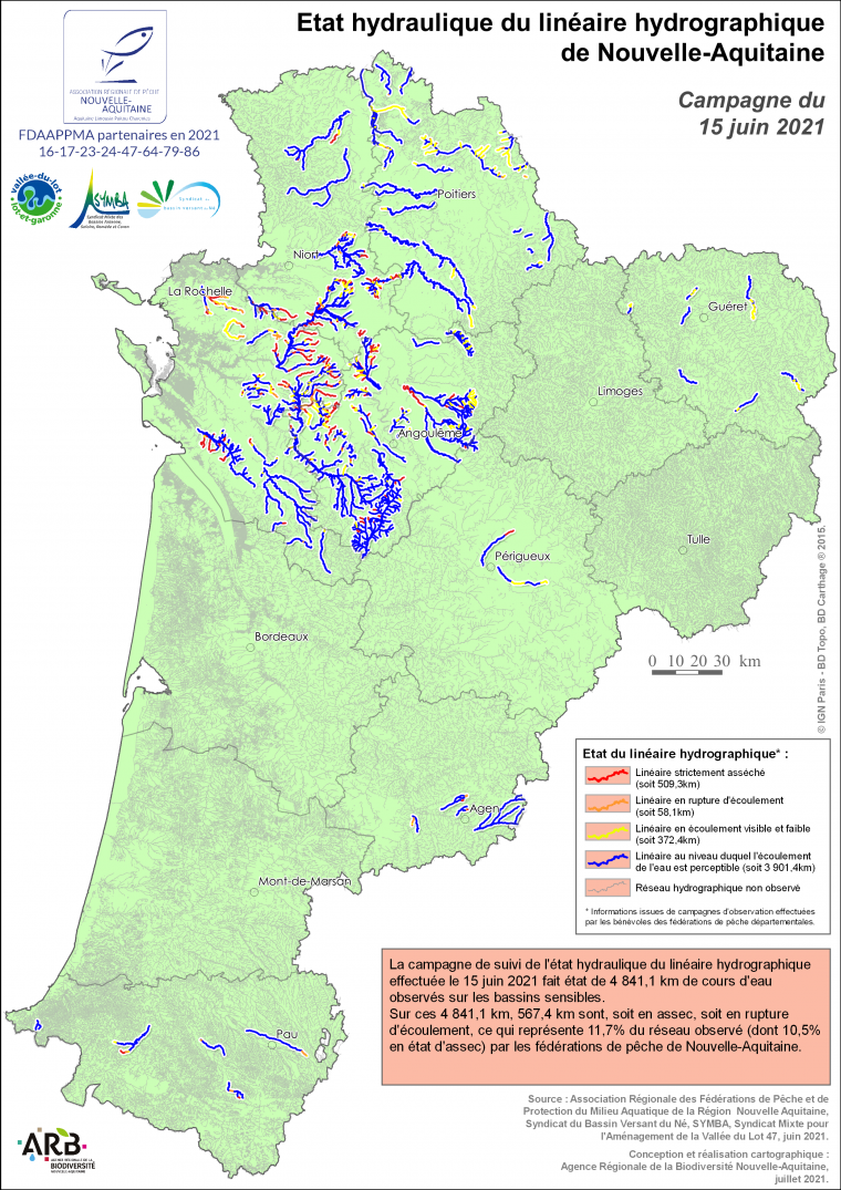 Etat hydraulique du linéaire hydrographique de la région Nouvelle-Aquitaine - Campagne du 15 juin 2021