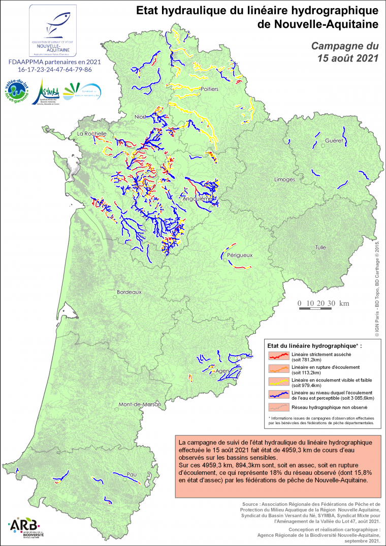 Etat hydraulique du linéaire hydrographique de la région Nouvelle-Aquitaine - Campagne du 15 août 2021