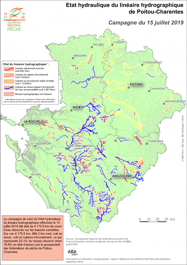 Etat hydraulique du linéaire hydrographique du Poitou-Charentes - Campagne du 15 juillet 2019