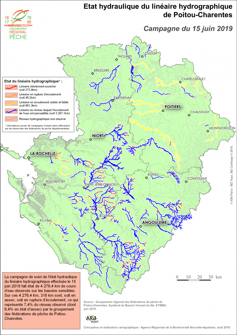 Etat hydraulique du linéaire hydrographique du Poitou-Charentes - Campagne du 15 juin 2019