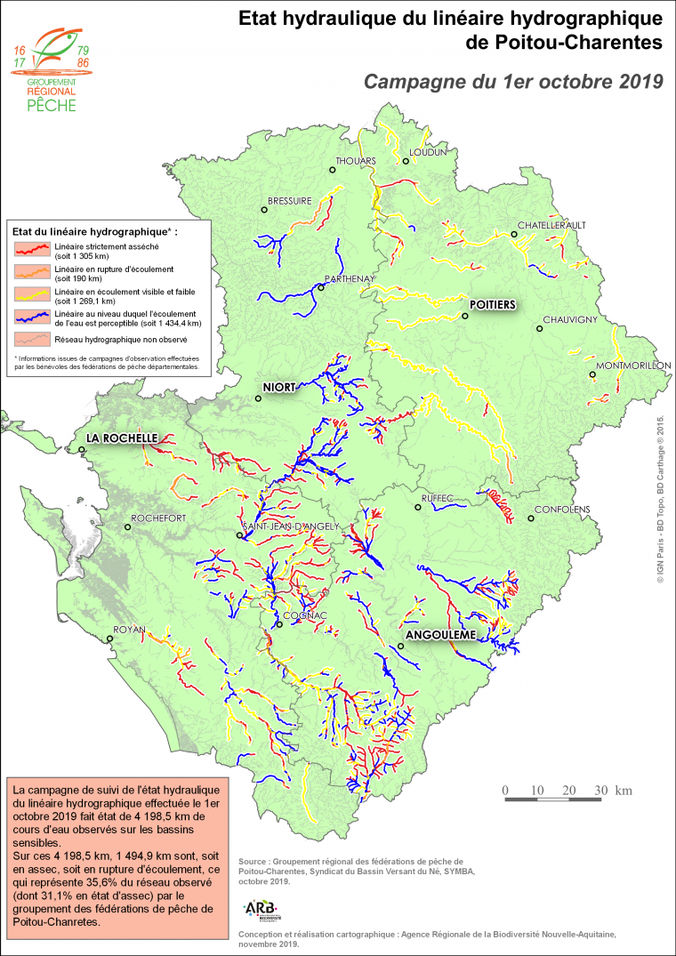 Etat hydraulique du linéaire hydrographique du Poitou-Charentes - Campagne du 1er octobre 2019