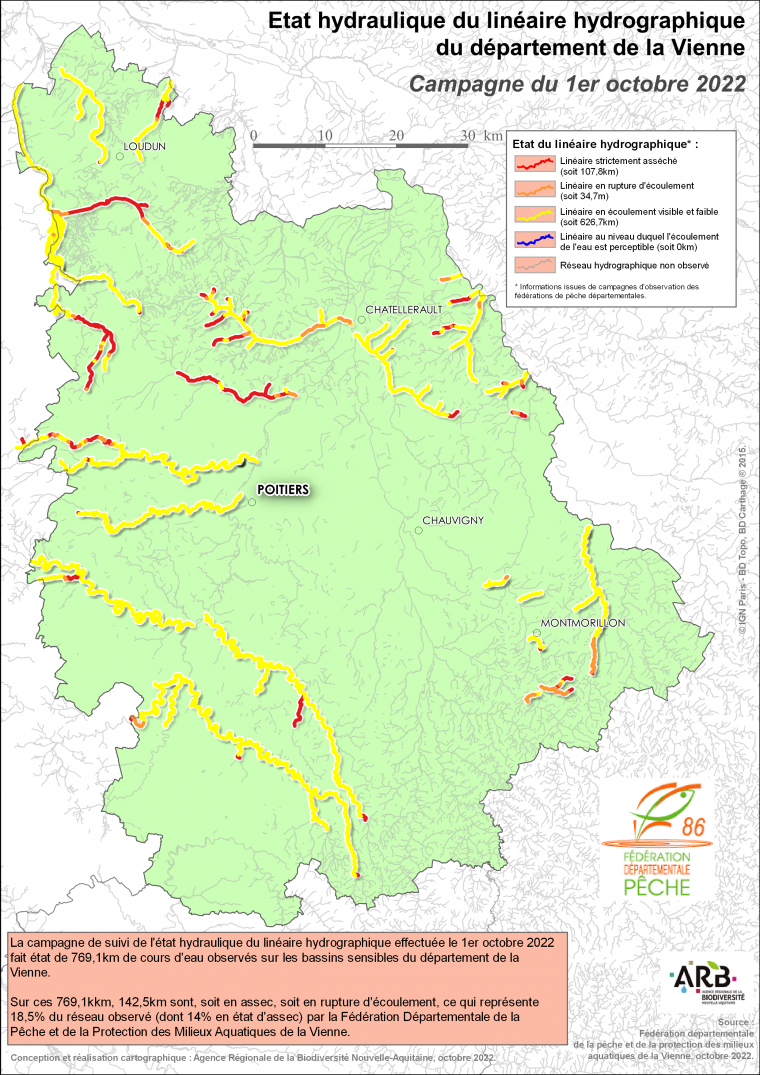 Etat hydraulique du linéaire hydrographique du département de la Vienne - Campagne du 1er octobre 2022