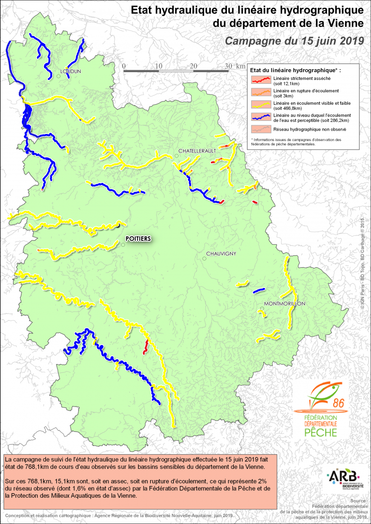 Etat hydraulique du linéaire hydrographique du département de la Vienne - Campagne du 15 juin 2019