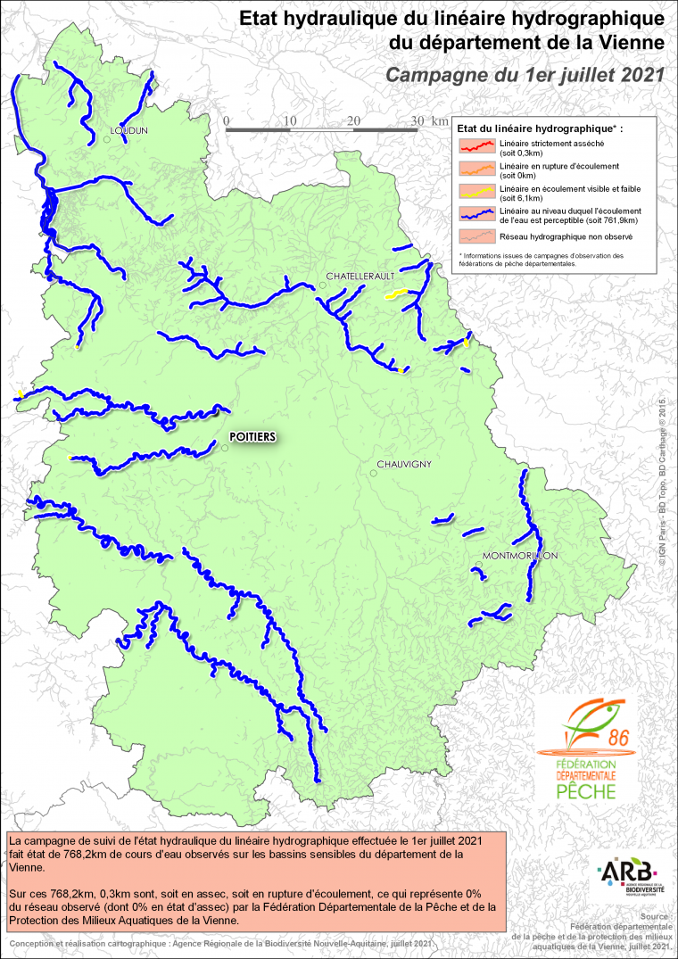 Etat hydraulique du linéaire hydrographique du département de la Vienne - Campagne du 1er juillet 2021