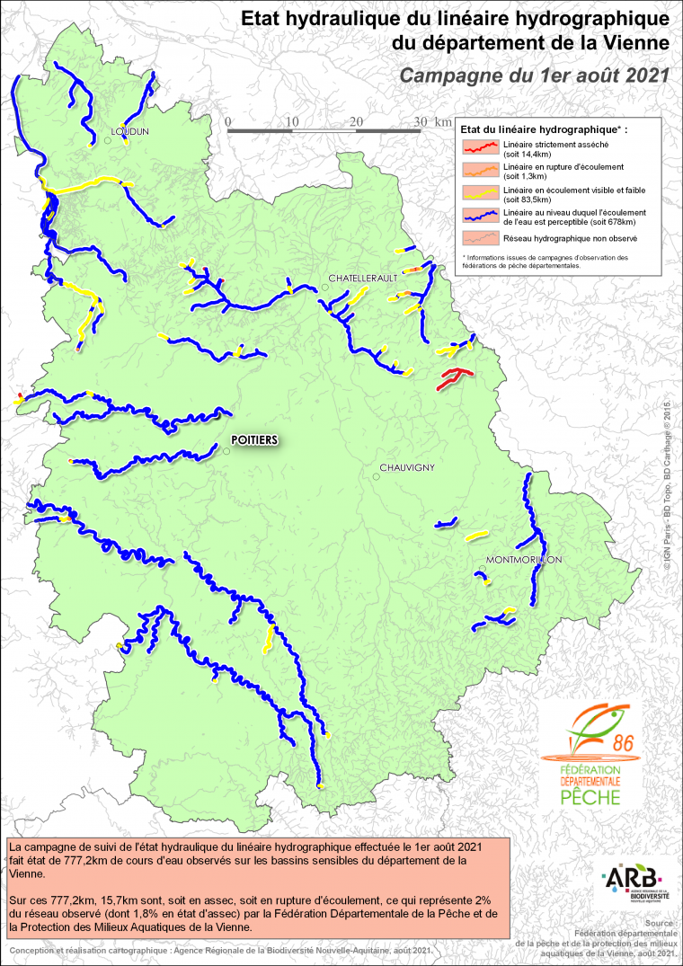 Etat hydraulique du linéaire hydrographique du département de la Vienne - Campagne du 1er août 2021