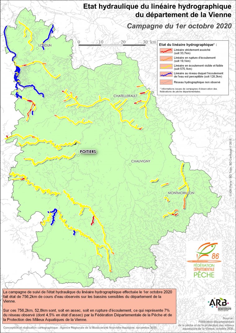 Etat hydraulique du linéaire hydrographique du département de la Vienne - Campagne du 1er octobre 2020