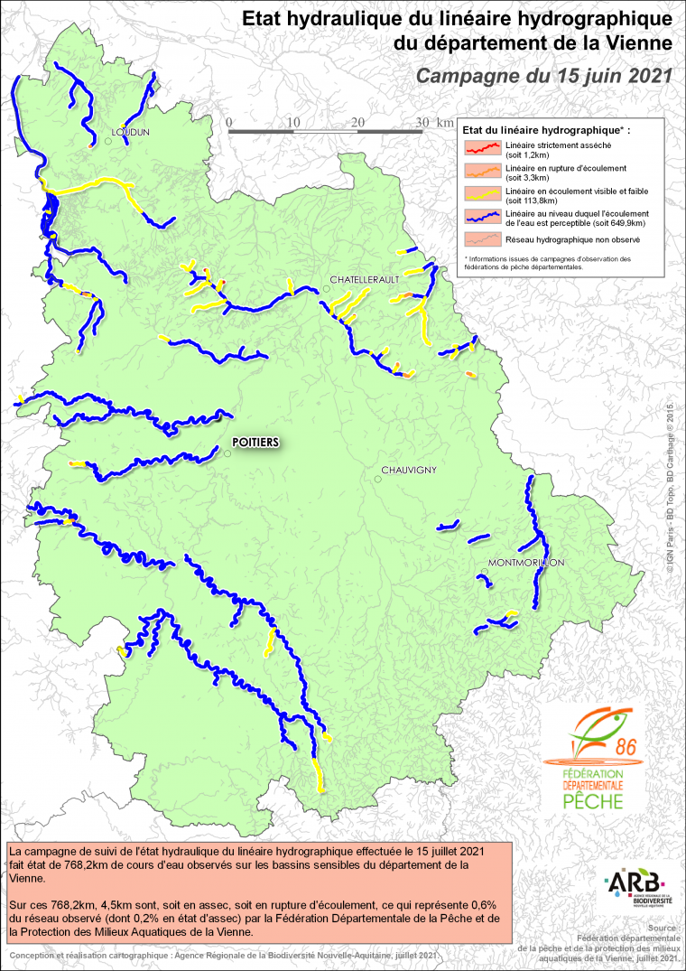 Etat hydraulique du linéaire hydrographique du département de la Vienne - Campagne du 15 juin 2021