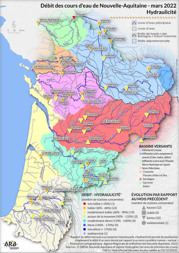 Débit des cours d'eau de Nouvelle-Aquitaine - mars 2022 - Hydraulicité