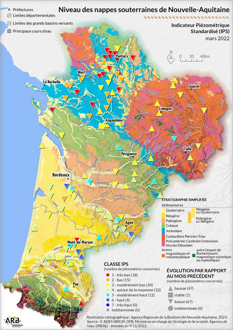 Niveau des nappes souterraines de Nouvelle-Aquitaine - Mars 2022 (Indicateur piézométrique standardisé (IPS))