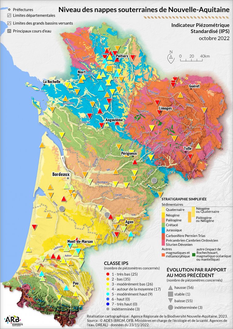 Niveau des nappes souterraines de Nouvelle-Aquitaine - Octobre 2022 (Indicateur piézométrique standardisé (IPS))