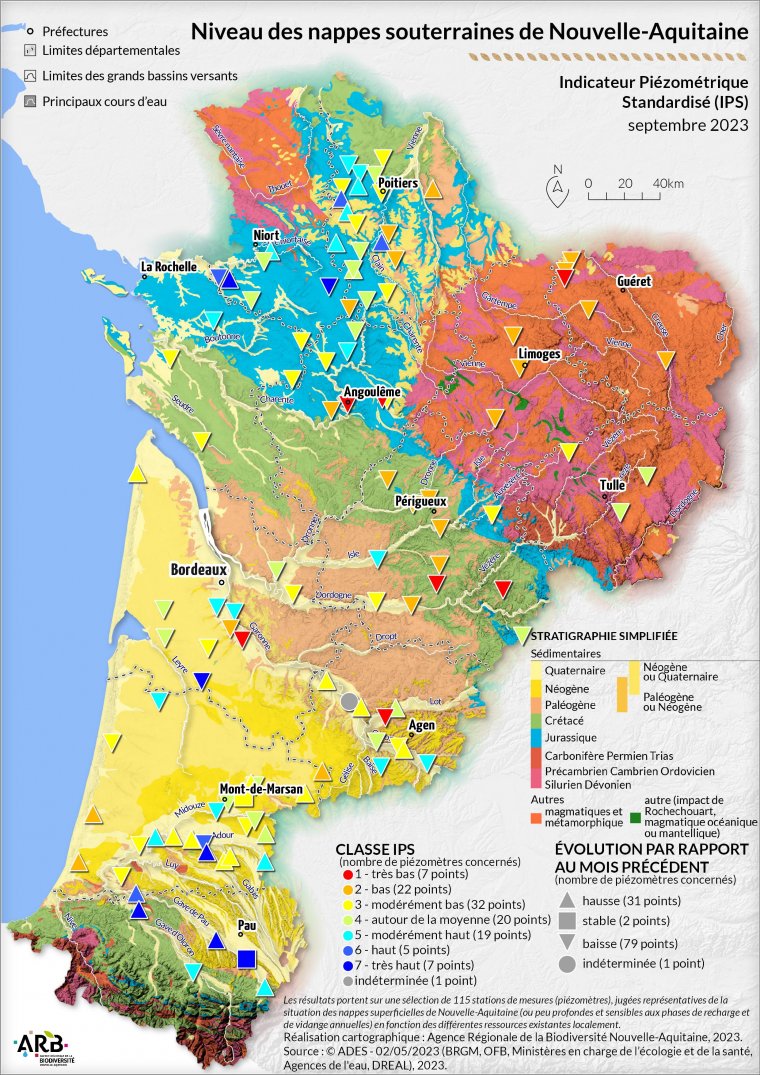 Niveau des nappes souterraines de Nouvelle-Aquitaine - septembre 2023 (Indicateur piézométrique standardisé (IPS))