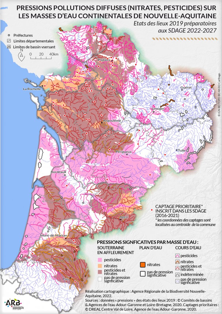 Pressions pollutions diffuses (nitrates, pesticides) sur les masses d'eau continentales de Nouvelle-Aquitaine - Etats des lieux 2019 préparatoires aux SDAGE 2022-2027