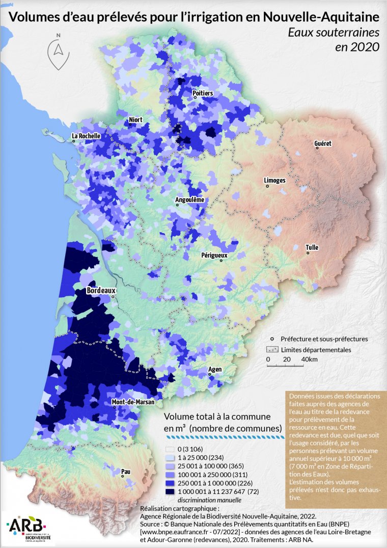 Volumes d'eau prélevés pour l'irrigation, eaux souterraines en Nouvelle-Aquitaine - année 2020
