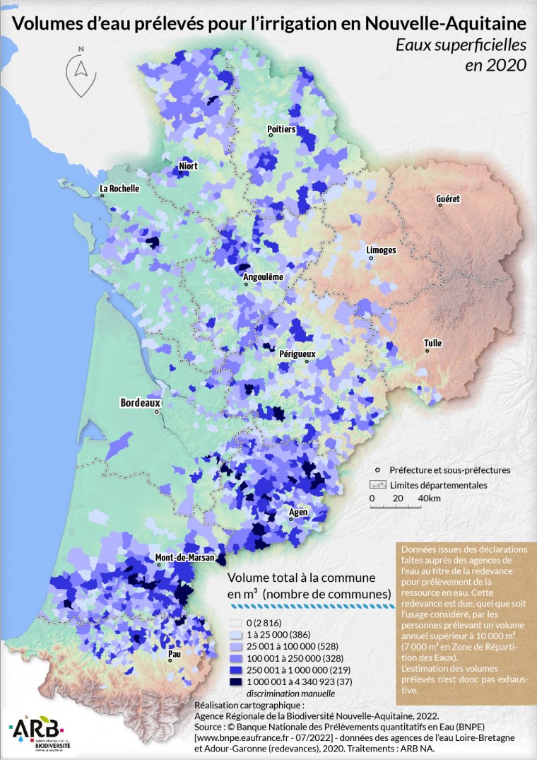 Volumes d'eau prélevés pour l'irrigation, eaux superficielles en Nouvelle-Aquitaine - année 2020