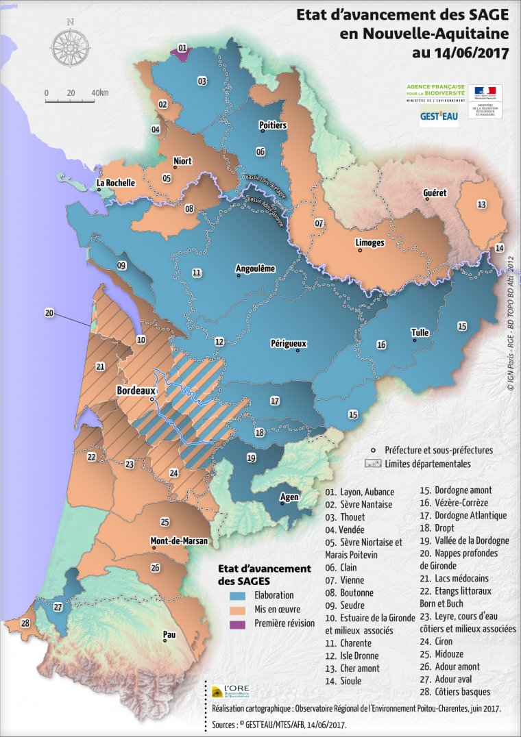 Etat d'avancement des SAGE de la région Nouvelle-Aquitaine en juin 2017