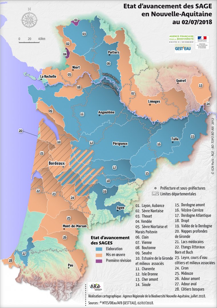Etat d'avancement des SAGE de la région Nouvelle-Aquitaine en juin 2018