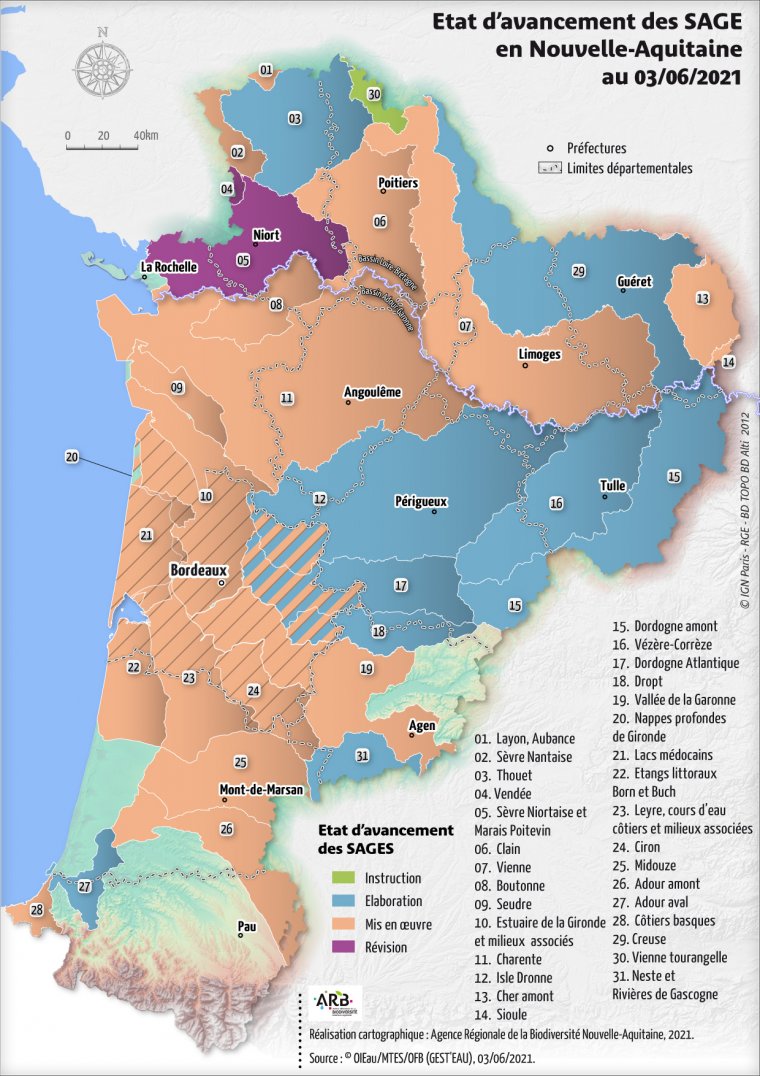 Etat d'avancement des SAGE de la région Nouvelle-Aquitaine en juin 2021
