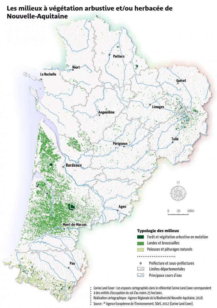 Les milieux à végétation arbustive et/ou herbacée de Nouvelle-Aquitaine en 2012