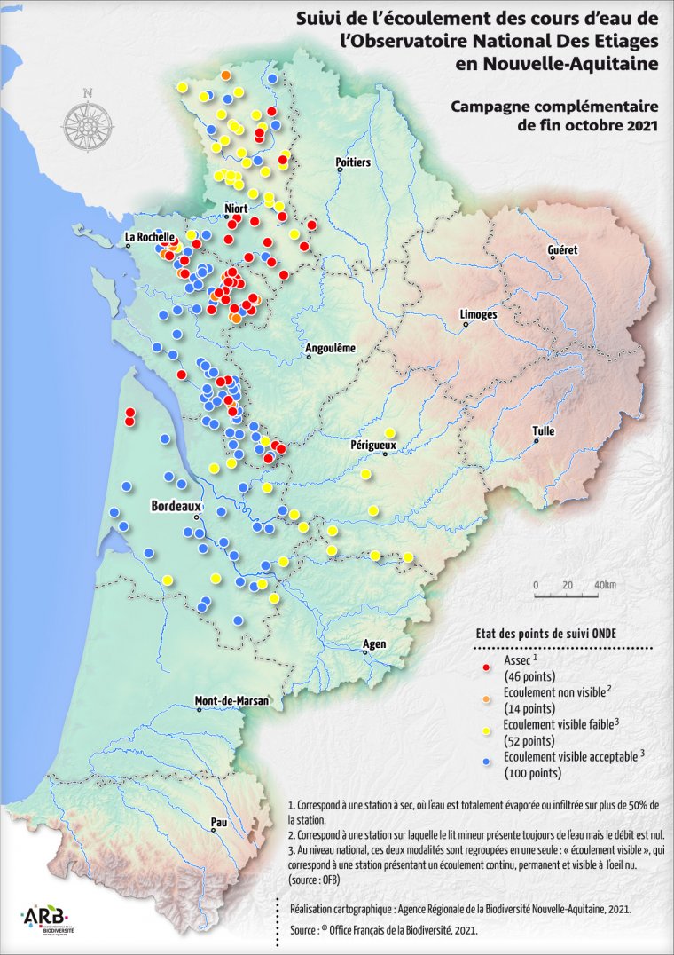 Suivi de l'écoulement des cours d'eau de l'Observatoire National Des Étiages en Nouvelle-Aquitaine - Campagne complémentaire de fin octobre 2021