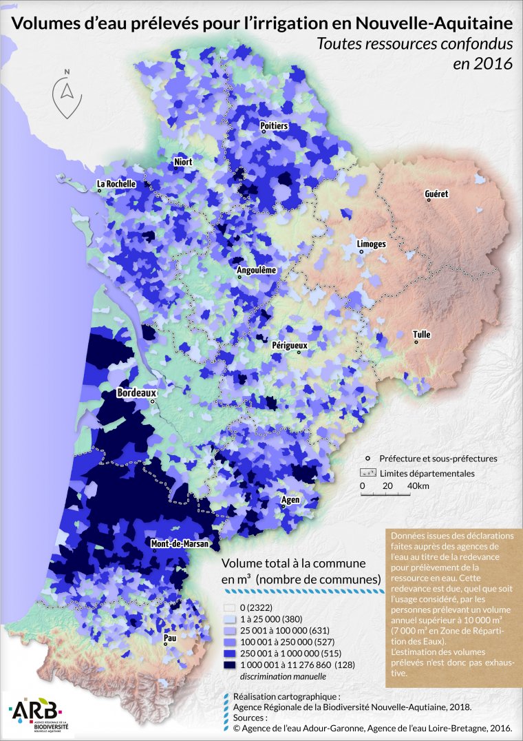 Volumes d'eau prélevés pour l'irrigation, toutes ressources confondues en Nouvelle-Aquitaine - année 2016