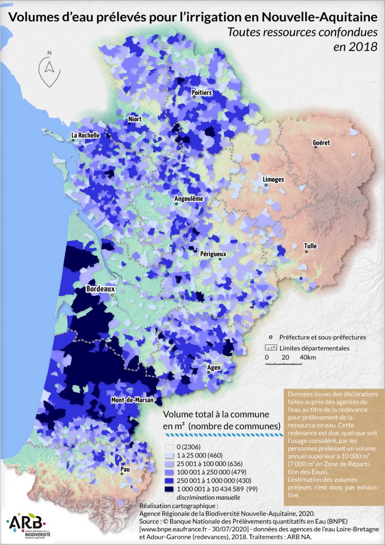 Volumes d'eau prélevés pour l'irrigation, toutes ressources confondues en Nouvelle-Aquitaine - année 2018