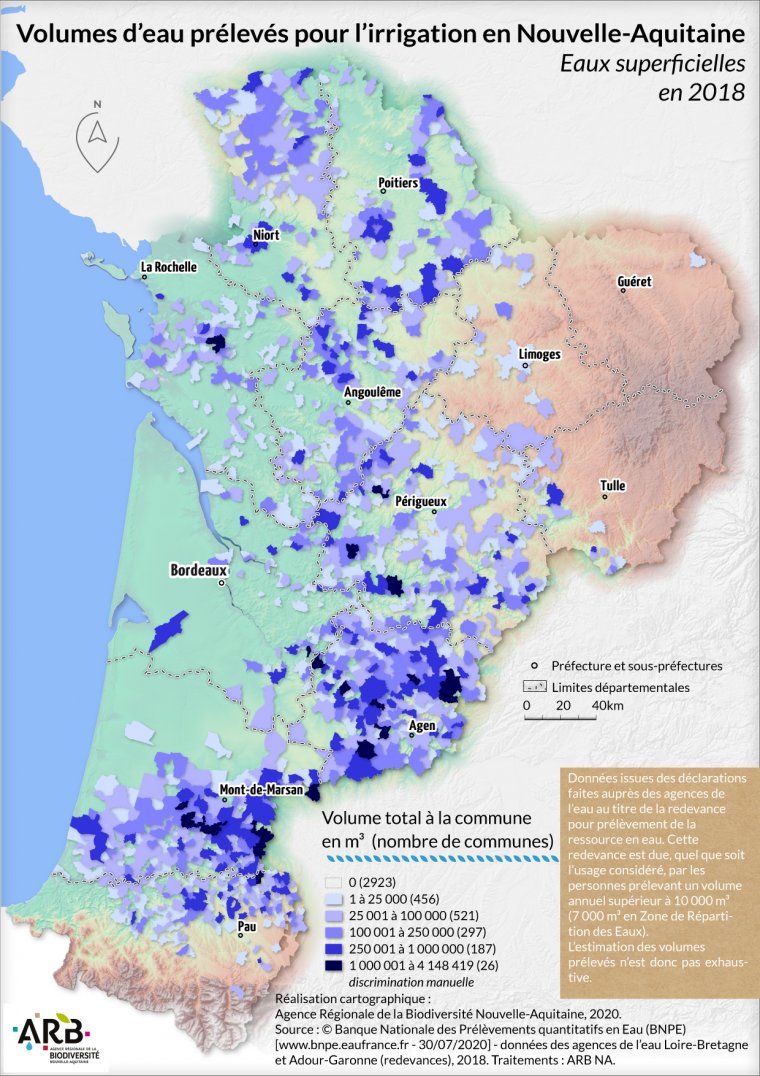 Volumes d'eau prélevés pour l'irrigation, eaux superficielles en Nouvelle-Aquitaine - année 2018