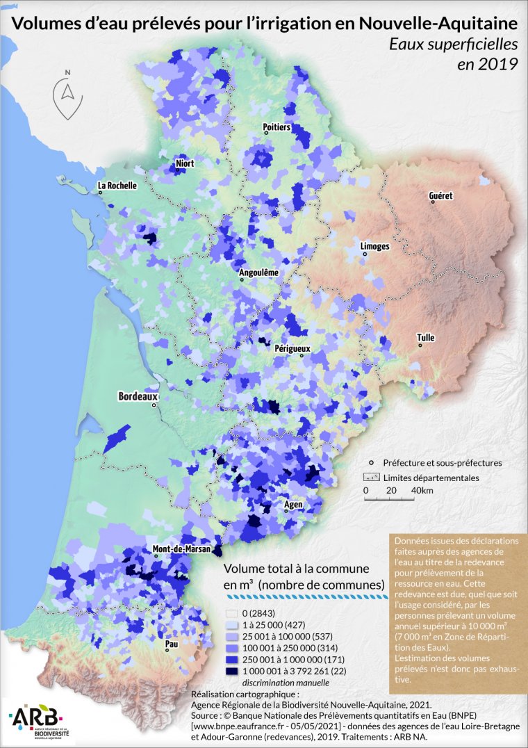 Volumes d'eau prélevés pour l'irrigation, eaux superficielles en Nouvelle-Aquitaine - année 2019