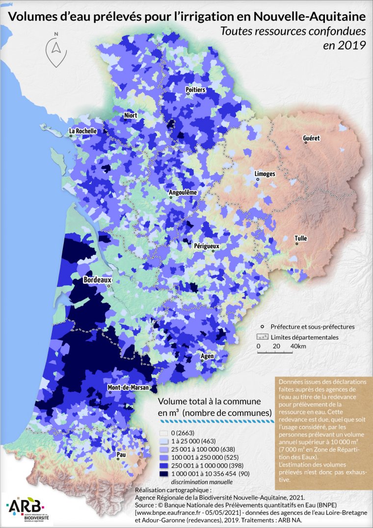 Volumes d'eau prélevés pour l'irrigation, toutes ressources confondues en Nouvelle-Aquitaine - année 2019