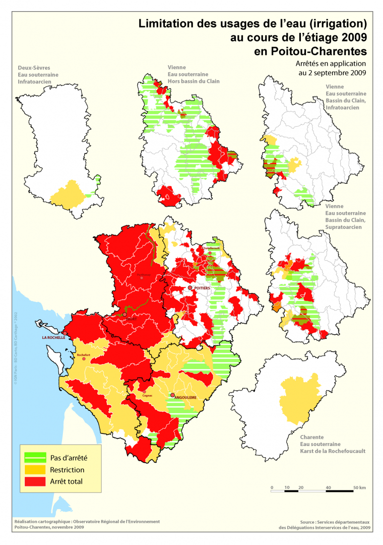 Limitation des usages de l'eau (irrigation) au cours de l'étiage 2009 en Poitou-Charentes - Arrêtés en application au 2 septembre 2009