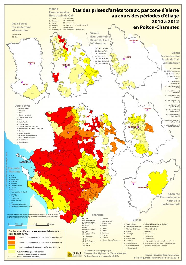 État des prises d'arrêts totaux, par zone d'alerte au cours des périodes d'étiage 2010 à 2012 en Poitou-Charentes