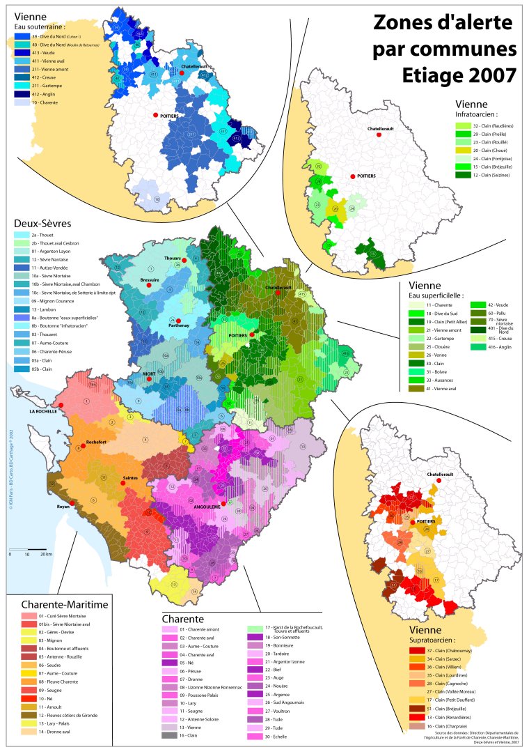 Les zones d'alerte par communes en Poitou-Charentes pour l'année 2007