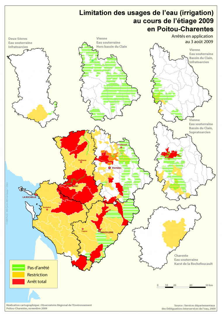 Limitation des usages de l'eau (irrigation) au cours de l'étiage 2009 en Poitou-Charentes - Arrêtés en application au 3 août 2009