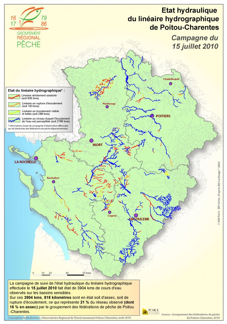 Etat hydraulique du linéaire hydrographique de Poitou-Charentes - Campagne du 15 juillet 2010