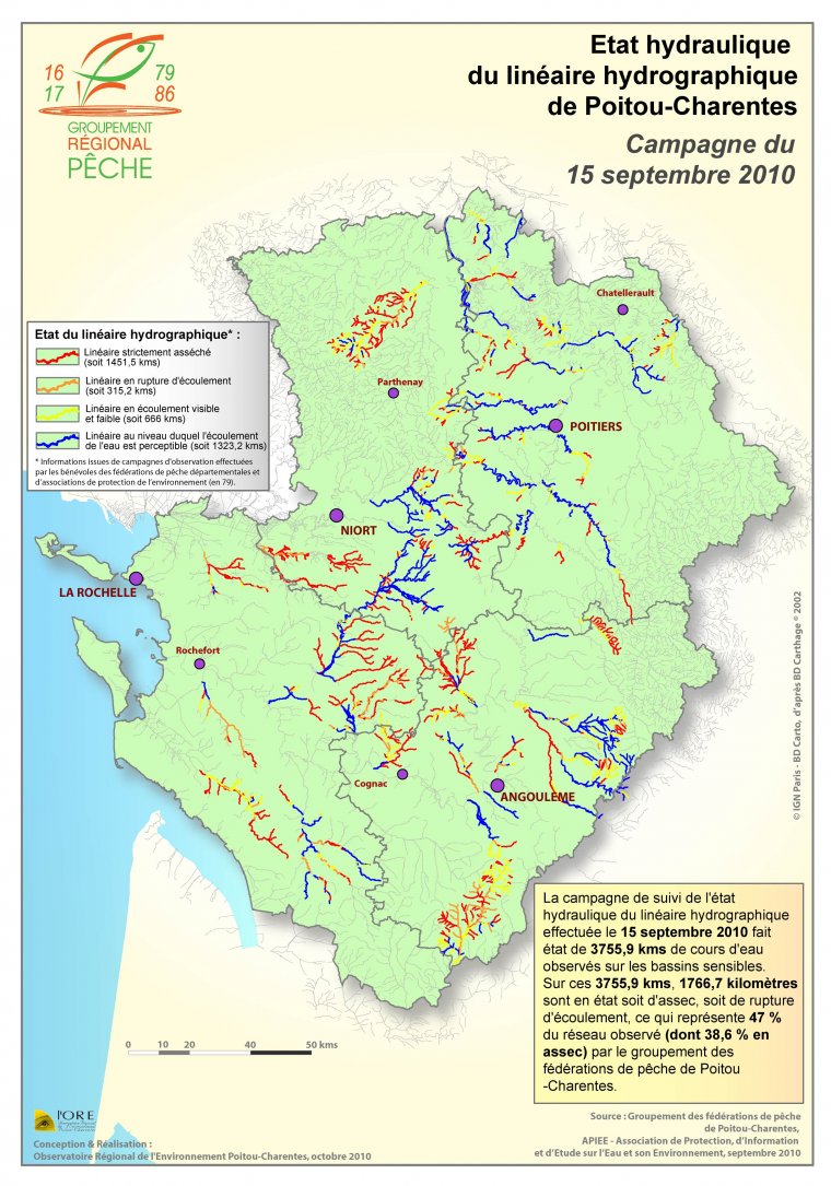 Etat hydraulique du linéaire hydrographique de la région Poitou-Charentes - Campagne du 15 septembre 2010