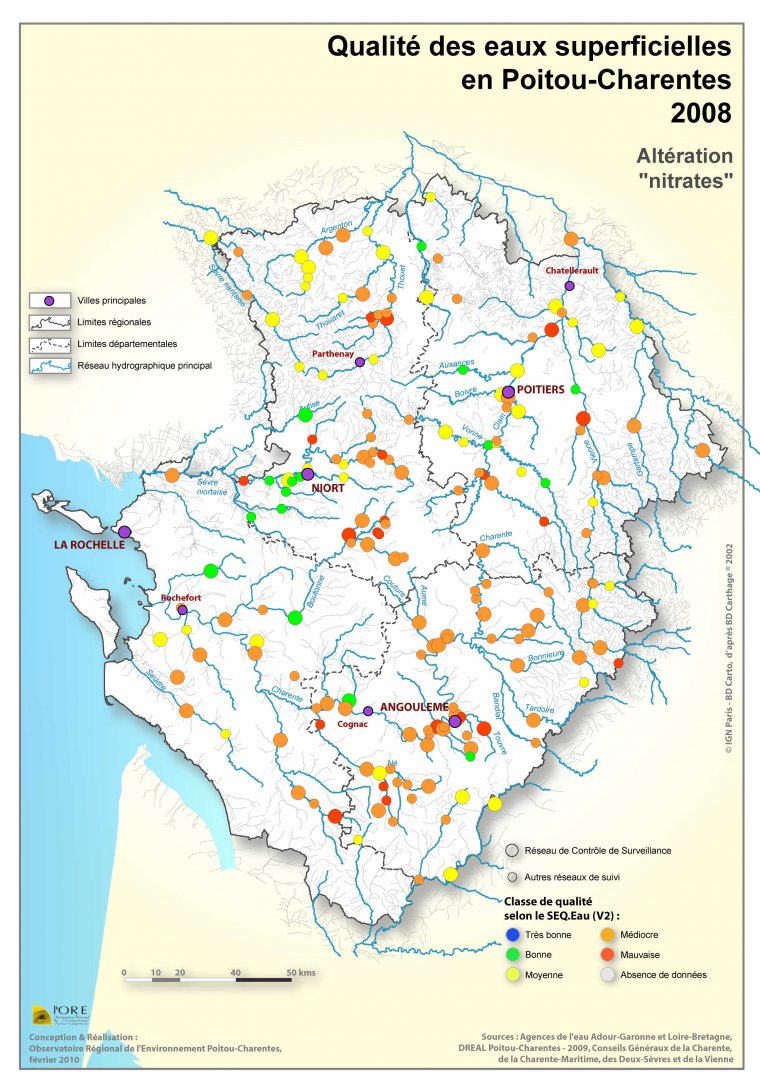 Qualité des eaux superficielles en Poitou-Charentes en 2008 - Altération "nitrates"