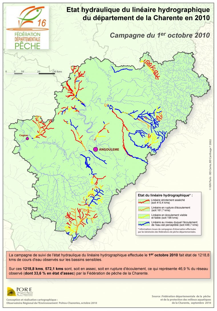 Etat hydraulique du linéaire hydrographique du département de la Charente - Campagne du 1er octobre 2010