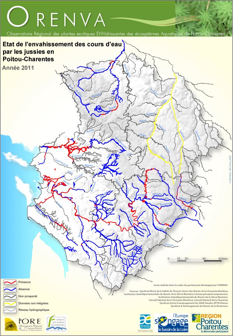 Observations des jussies dans les cours d'eau de Poitou-Charentes en 2011