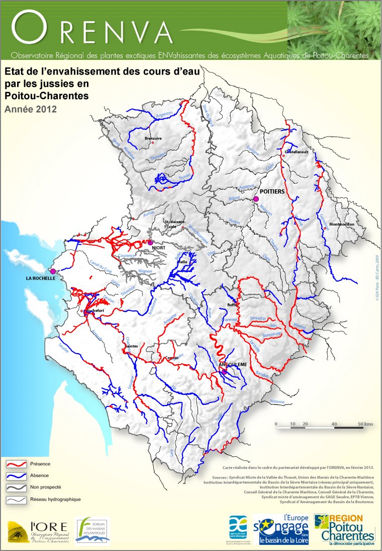 Observations des jussies dans les cours d'eau de Poitou-Charentes en 2012