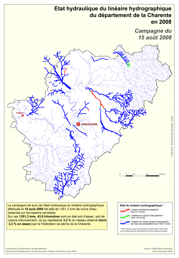 Etat hydraulique du linéaire hydrographique du département de la Charente, campagne du 15 août 2008