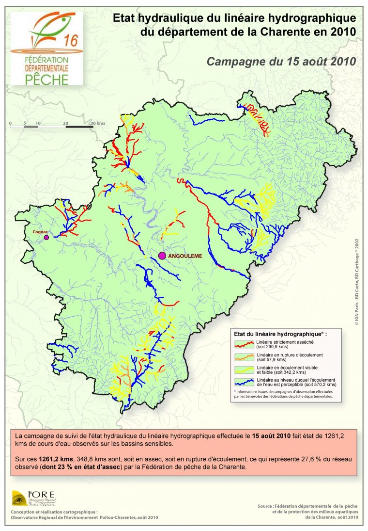 Etat hydraulique du linéaire hydrographique du département de la Charente - Campagne du 15 aout 2010