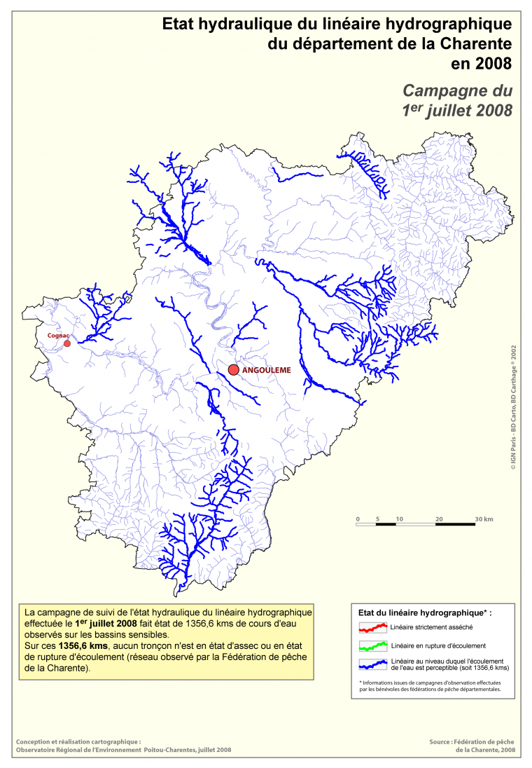 Etat hydraulique du linéaire hydrographique du département de la Charente, campagne du 1er juillet 2008