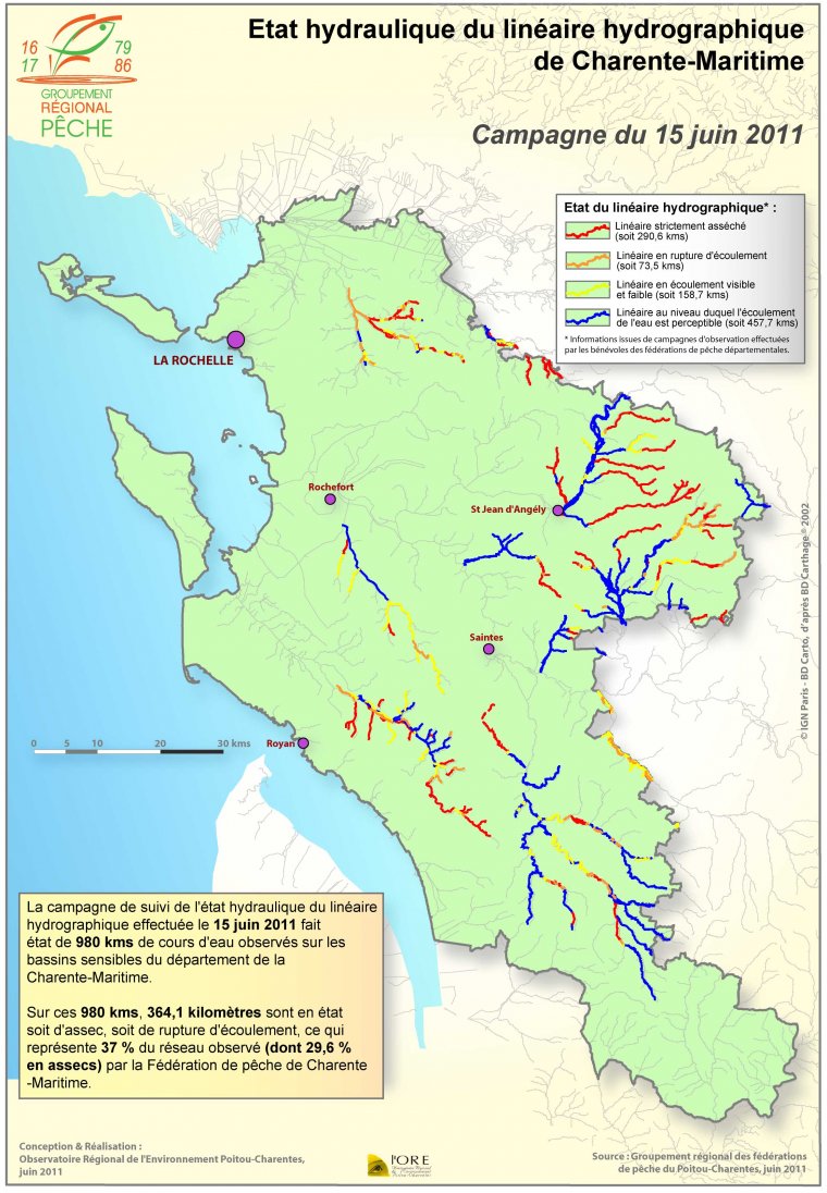 Etat hydraulique du linéaire hydrographique du département de la Charente-Maritime - Campagne du 15 juin 2011