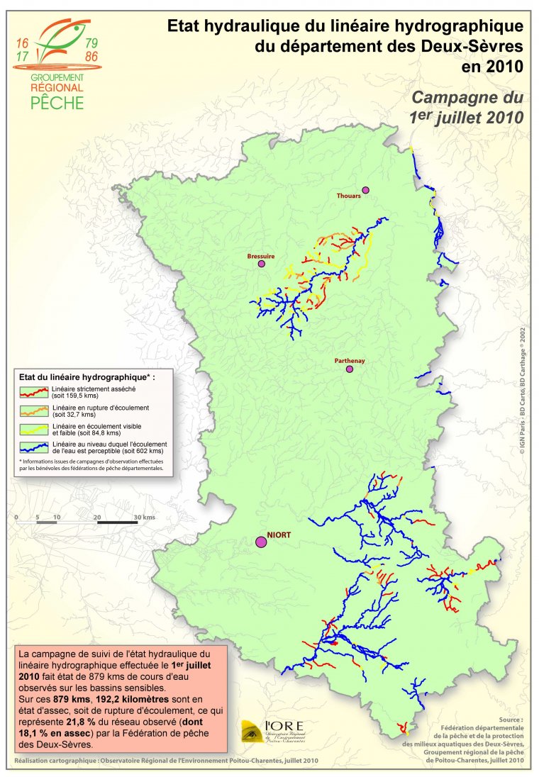 Etat hydraulique du linéaire hydrographique du département des Deux-Sèvres - Campagne du 1er juillet 2010