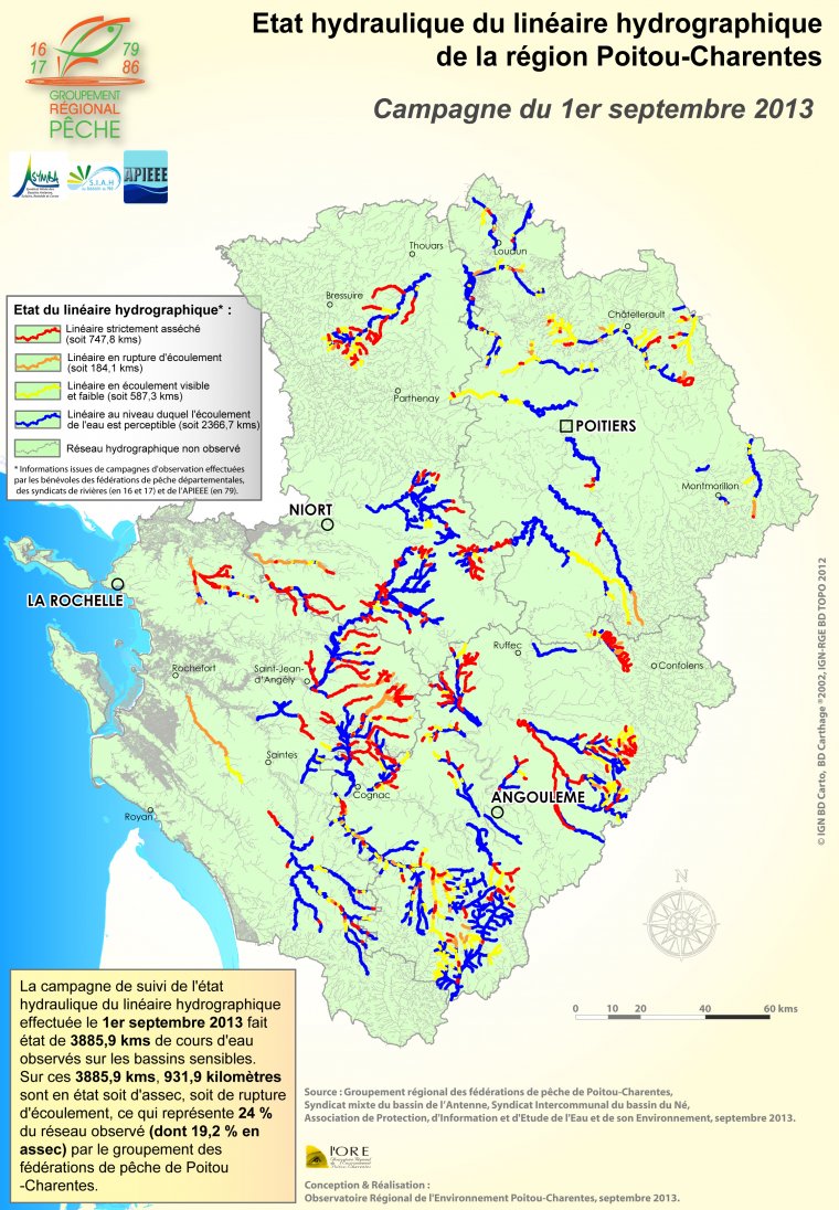 Etat hydraulique du linéaire hydrographique de la région Poitou-Charentes - Campagne du 1er septembre 2013