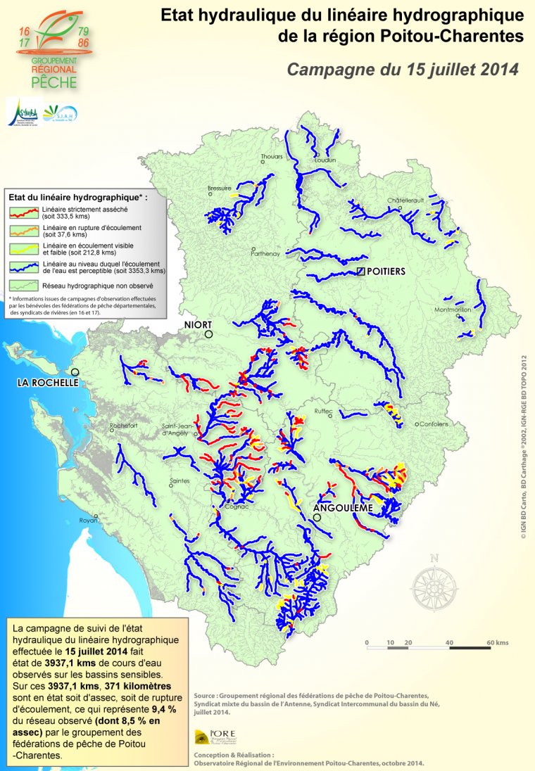 Etat hydraulique du linéaire hydrographique de la région Poitou-Charentes - Campagne du 15 juillet 2014