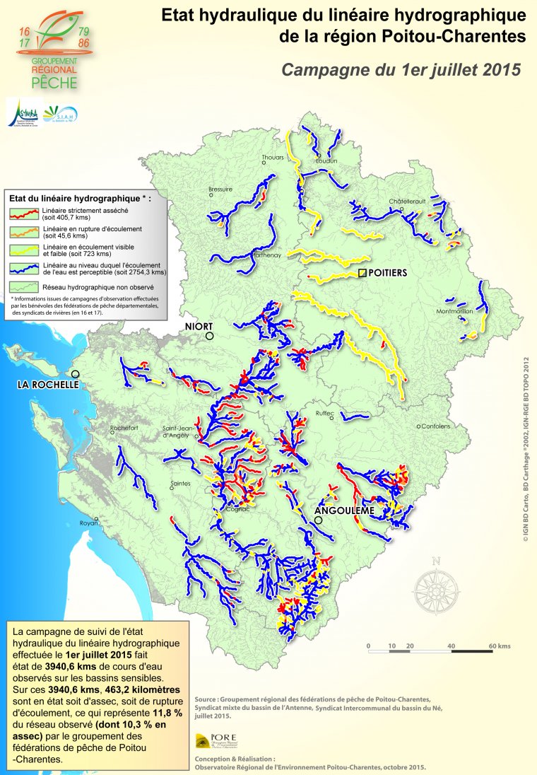 Etat hydraulique du linéaire hydrographique de la région Poitou-Charentes - Campagne du 1er juillet 2015