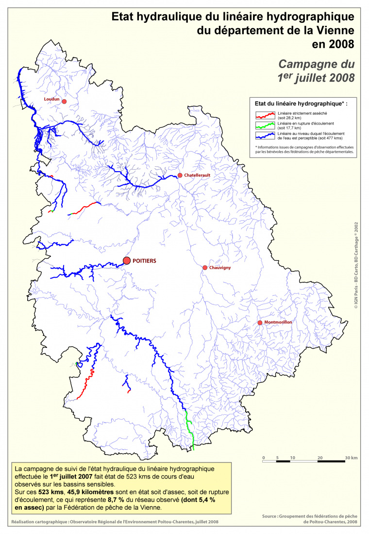 Etat hydraulique du linéaire hydrographique du département de la Vienne, campagne du 1er juillet 2008