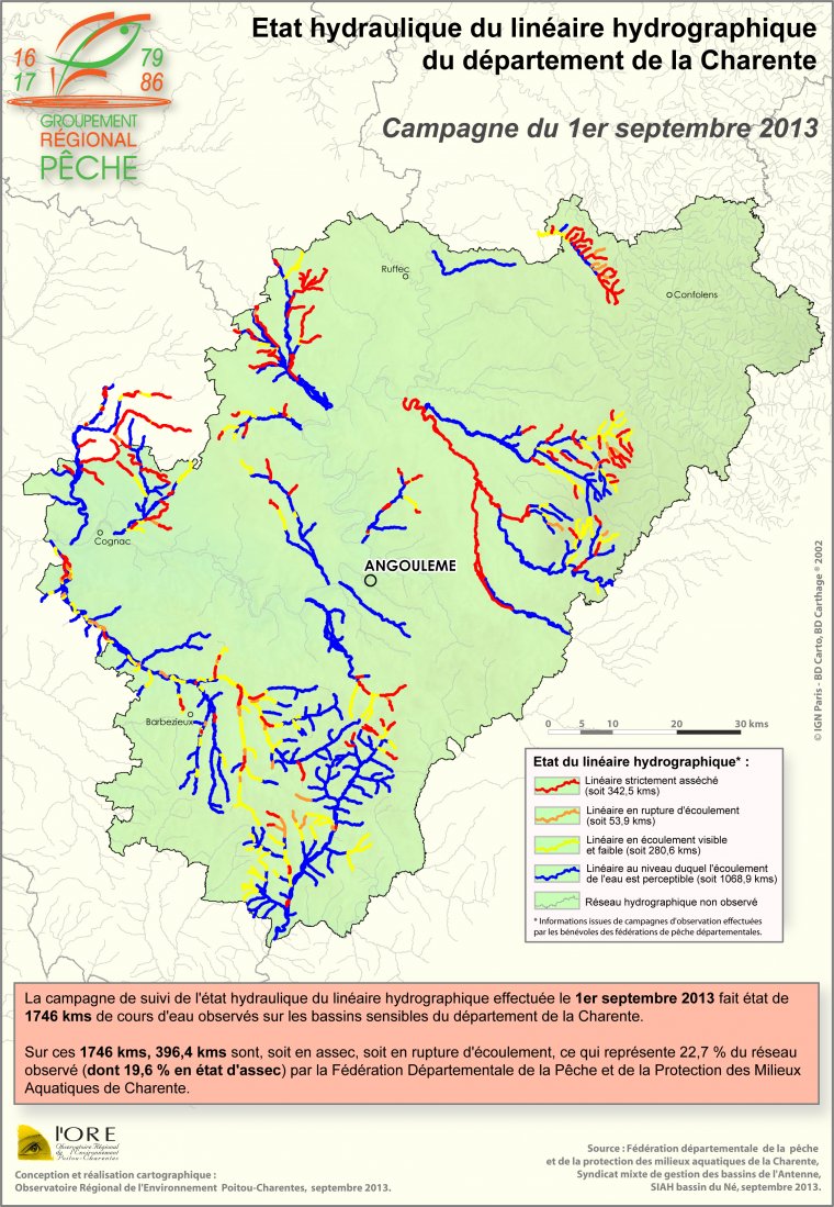 Etat hydraulique du linéaire hydrographique du département de la Charente- Campagne du 1er septembre 2013